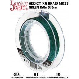 Плетенка Lucky John Addict X8 BRAID Moss Green 150м #1 0,16мм